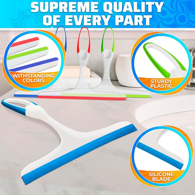 4 Pcs Hand Squeegee for Shower Glass, 9.45 in Silicone Blade | Small Squeegee for Window Cleaning; Streak-Free; Durable Plastic Grip; Hanging Hook; for Mirror, Tile & Glass Doors