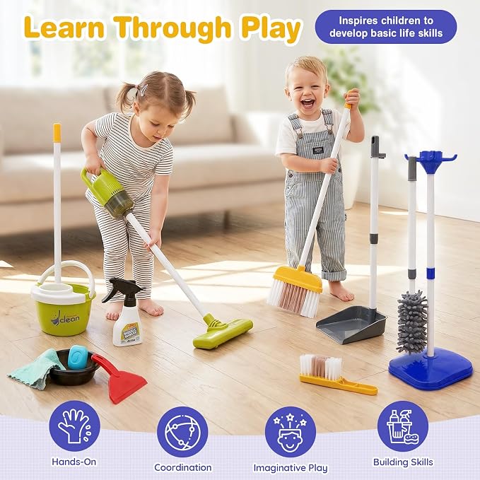 Dreamon Toddler Cleaning Set - 14Pcs Kids Cleaning Toy Set with Kids Vacuum | Blue Pretend Home Cleaning Play Set for Toddler Age 3-7, Toddler Vacuum Toy that Works,Christmas Birthday Gift for Girls Boys