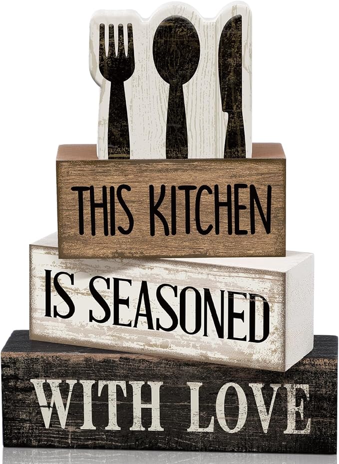 Moucuny 4 Pcs Kitchen Decor Wooden Signs, Farmhouse Tableware Tiered | Rustic Block Signs for Kitchen Shelf, Stackable Tiered Centerpiece, Cutlery Theme Rules Sign, Farmhouse Accessories