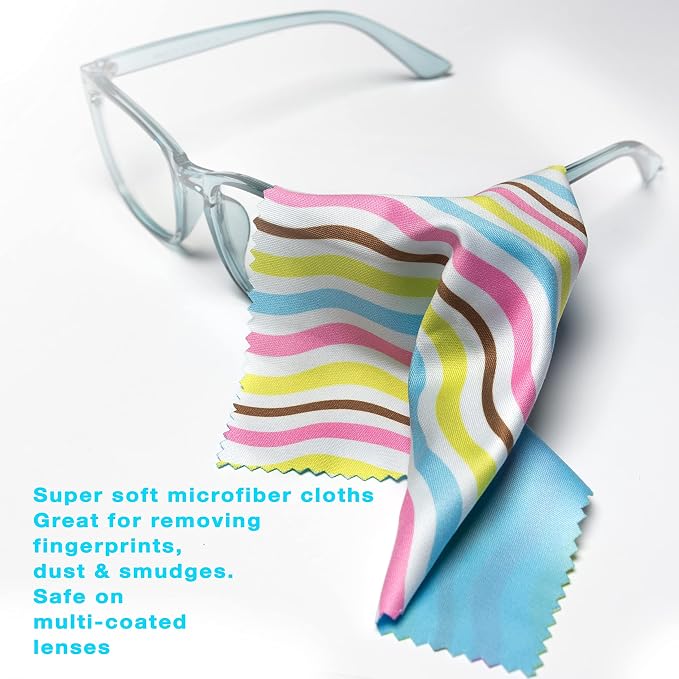 10 Pack Cute Geo-Design Multicolor Microfiber Cleaning Cloths for Cleaning Lenses, Eyeglasses, Sunglasses and Cell Phone, Beautifully Designed in Pastel Colors Blue, Pink, Green and White Cloth Wipes.