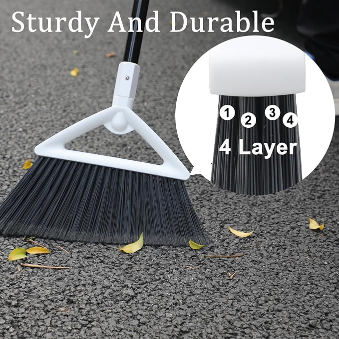 Heavy Duty White Angle Broom with Long Handle - 4 Pack | Versatile Indoor/Outdoor Sweeping, for Courtyard/Garage/Sidewalk/Kitchen/Lobby/Canteen, Durable & Efficient