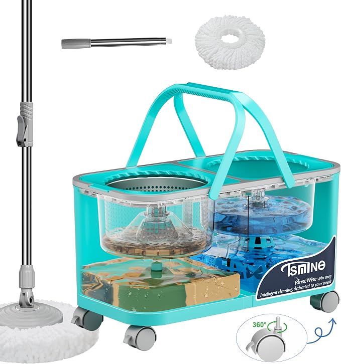 RinseWise Easy-Use Gen 2 Mop Bucket, Clean/Dirty Water Separation, 1 Heads | 1.5 Gal Clean-Water Capacity, Shower-Style Rinse, 4 Swivel Wheels, 61-Inch Handle, For Apartments, Hardwood & Tile Floors