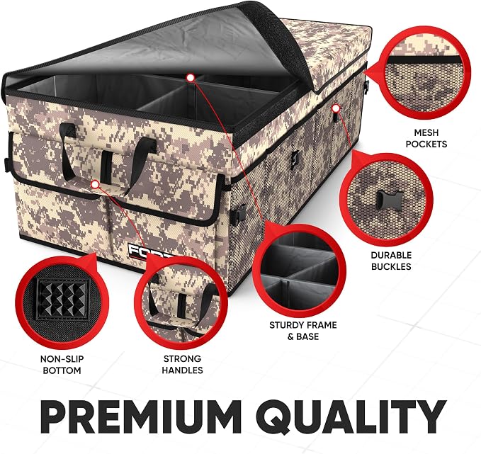 FORTEM Trunk Organizer - Foldable Car Organizer & Storage for SUVs & Trucks | Car Accessories for Men Women, Collapsible Bag, Non Slip Bottom, Straps, Soft Cover, 600D Oxford, 6 Compartments, 85L
