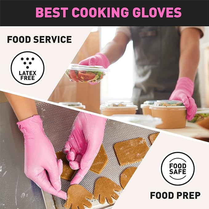 OKIAAS Black/Pink Vinyl Disposable Gloves Latex Free, Food Grade, 5 mil, Cooking, Cleaning, Hair Dye, 50/100/200/1000 Count