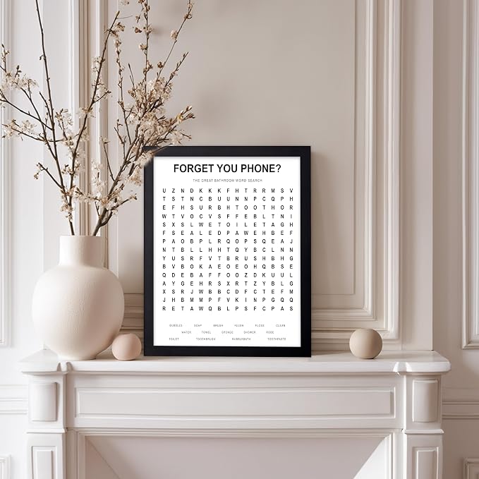 Poster Master 2-Piece Forget Your Phone Print - The Great Bathroom Word & Way Search Poster - Guest Bath Decor - Black & White Design - Powder Room Decor - Fun Restroom Sign - 11x14 Black Framed