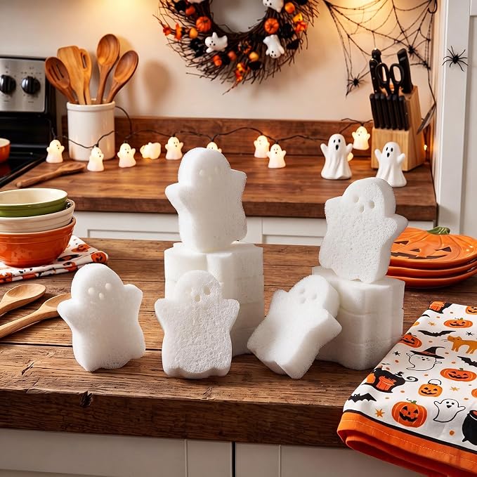 Tioncy 12 Pack Halloween Skull Kitchen Sponges, White | Dual Sided Scrubber, Cute Halloween Decor, Reusable Non Scratch Dishwashing, for Cookware Pot Boiler Pan Household