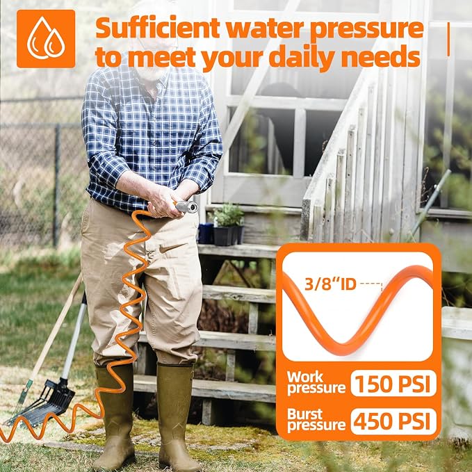 SPECILITE 3/8" Lightweight Coil Garden Hose 100 FT, EVA Flexible Water Hose | Curly Pipe with 6-Pattern Spray Nozzle for Outdoor, Boat, Greenhouse, Yard, Patio, Orange