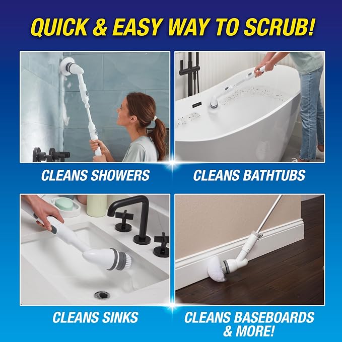 Voom Electric Spin Scrubber, Cordless Shower Spinning Brush with 2 Replaceable Brush Heads & Adjustable Handle, Rechargeable Spinning Brush for Cleaning Bathroom Tub, Floor & Wall Tiles, Car Wheels