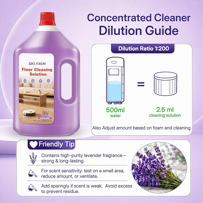 82 FL OZ Lavender Scent Floor Cleaning Solution Compatible with Roborock | Rich, Long-lasting Fragrance, 2.4 L Floor Cleaner for All Robot Vacuums with Mopping & Cordless Wet/Dry Vacuum Mop Cleaner