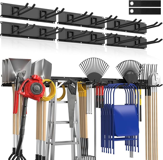Housolution Garage Wall Organizer 96 Inch - 20Pack Carries 720 lbs | Garage Tool Storage System, 6 Rails with 12 Adjustable Metal Hooks, Garden Yard Shed Rack for Rake Broom Mop Snowboard