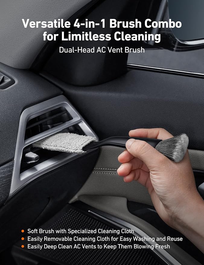 AstroAI 8pcs Windshield Cleaner Tool & Car Interior Detailing Kit | Extendable Handle, 4 Cleaning Brushes, 4 Reusable Microfiber Pads, Scratch-Free for Leather Seats, Blue