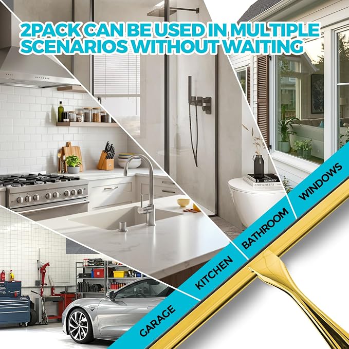 2pcs Shower Squeegee for Glass Doors with Adhesive Hanging Hook Set | 10” Gold, Bathroom Accessories, Window Cleaner, New Home Essentials, Soft Rubber Blade, Metal Handle, Ergonomic Grip