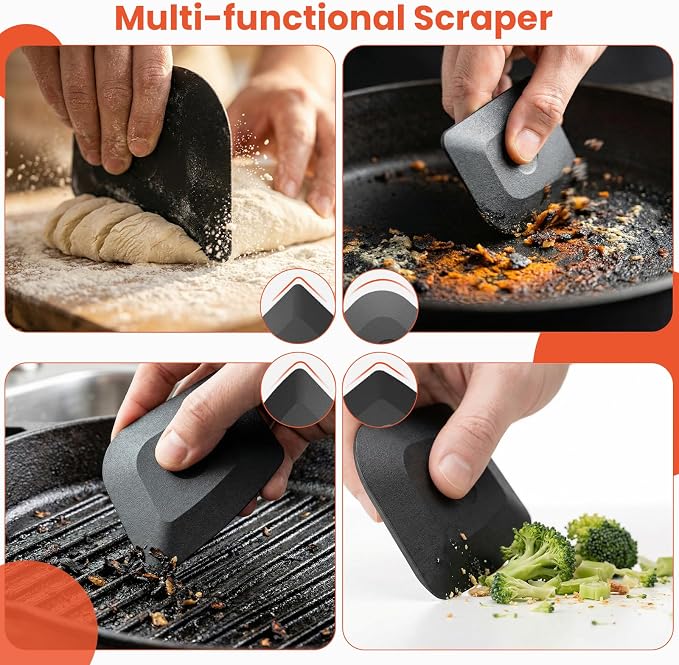 Cast Iron Scrubber with Long Handle Dish Scouring Pad Chainmail Cleaner | 316 Cast Iron Scrubber for Pan Skillet, Dishwasher Safe Cleaning Kit (Red, 1 Scrubber + 1 Scraper)