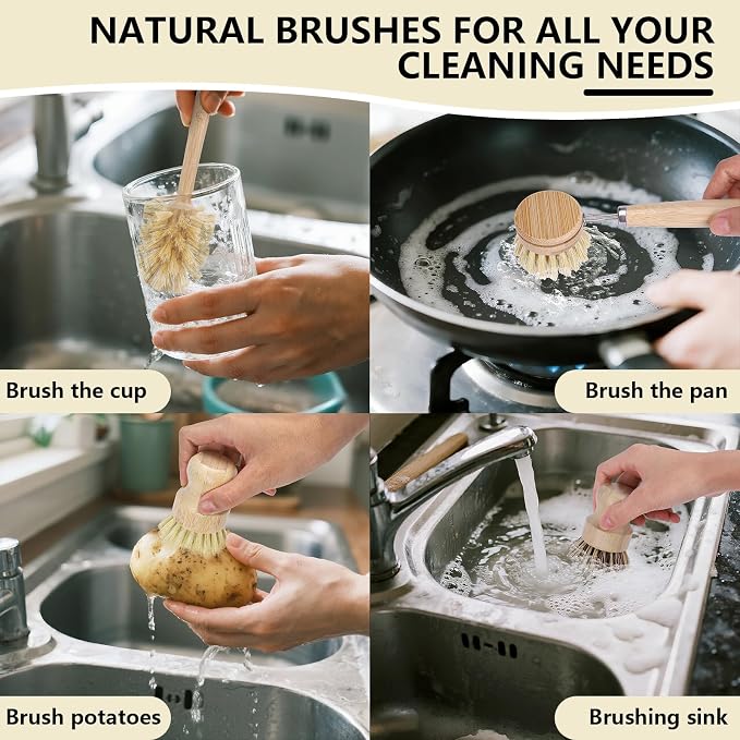 BOMUMVITA 5 Pack Bamboo Dish Brush Set with 14’’ Bottle Brush | Wooden Dish Brush with Natural Sisal & Palm Fiber, Natural Kitchen Scrub Brush for Dishes Pots, Pans, Sinks, Woks, Vegetables