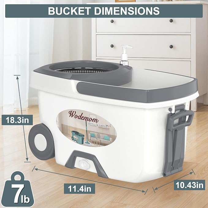 Traditional Large Spin Mop and Bucket, 2 Gal Capacity, White | 2 Rolling Wheels, Pull Handle, 61-Inch Handle, 6 Mop Heads, Easy Wringing, For Family Homes, Hardwood, Laminate & Tile Floors