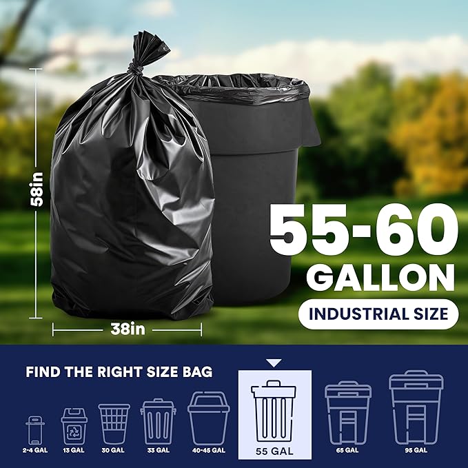 Plasticplace - T55151BK 55-60 gallon Trash Bags │ 1.5 Mil │ Black Heavy Duty Garbage Can Liners │Rolls │ 38” x 58” (50 Count) Black