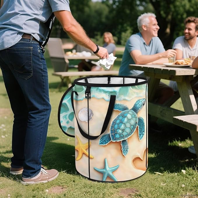 Beach Turtle Collapsible Recycling Bin 24Gal - Compost Waste Container w/Sorting Clips & Lid | Waterproof Pop-Up Design for Lawn, Camping, Yard Waste Gifts for Outdoor Workers