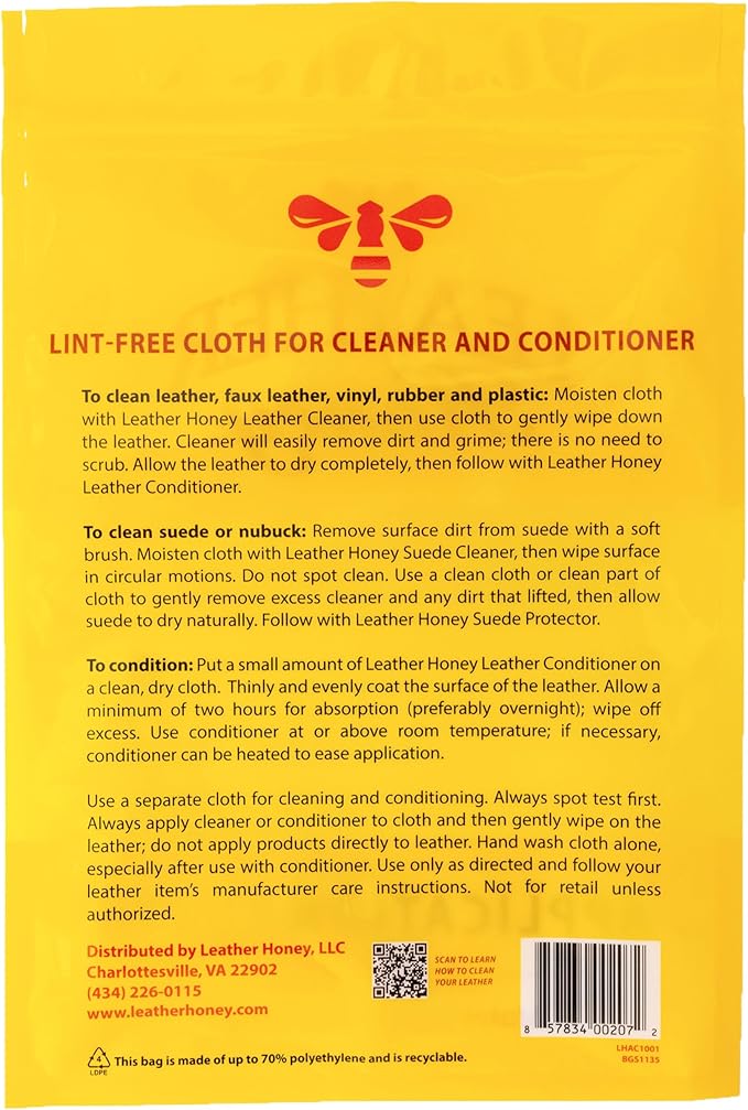 Leather Honey Lint-Free Application Cloth: Microfiber Cloth for Use with Leather Conditioner and Cleaner. Made in The USA Since 1968 (Pack of 2)