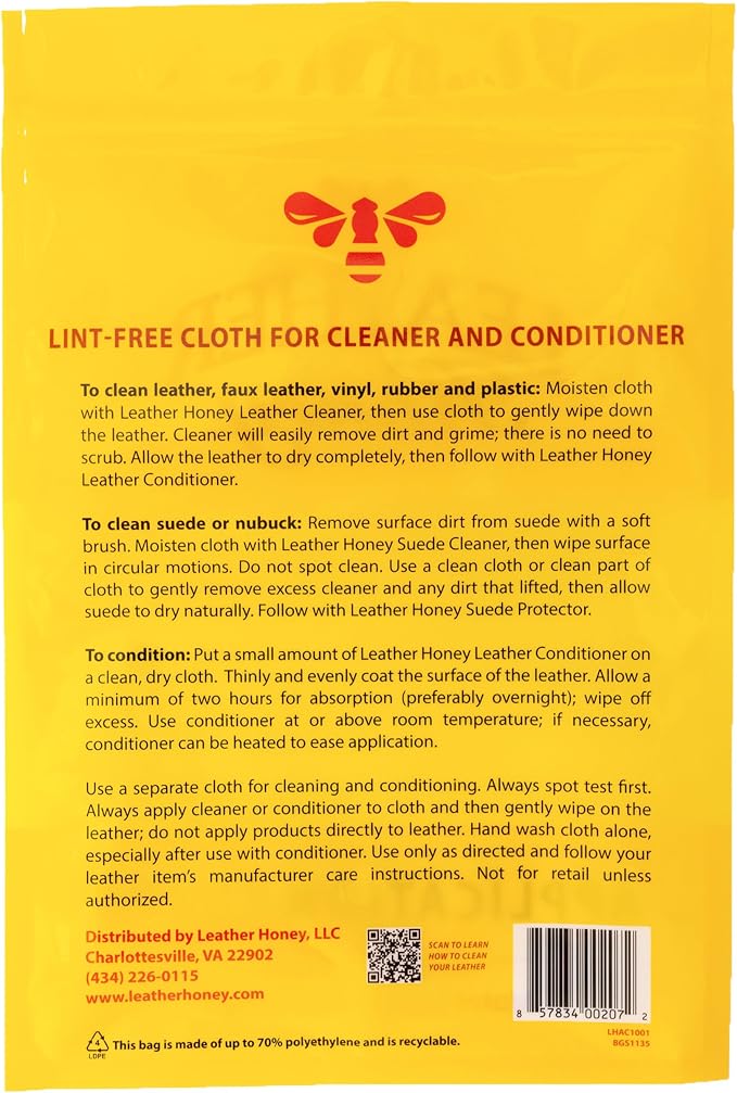 Leather Honey Lint-Free Microfiber Application Cloth – Made in USA | Soft, Lint-Free Microfiber is Ideal For Applying Leather Honey Products & Won't Scratch or Damage Leather. Trusted Since 1968