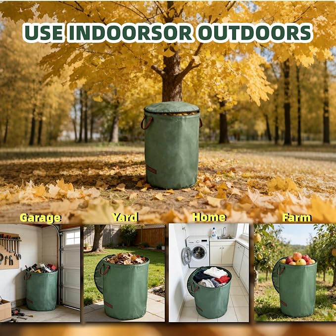 3 Pack 132 Gallon Extra Large Yard Waste Bags with Lid | Jumbo Reusable Garden Bags with Gardening Gloves, Heavy Duty Collapsible Lawn Bag Holder for Massive Leaves & Debris
