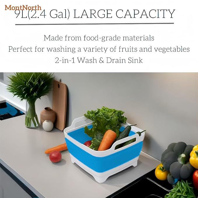 Collapsible Wash Basin 9L, Foldable Dish Tub with Drain Plug, Portable Collapsible Dish Basin, Camping Sink for Washing Dishes, Laundry & Kitchen Use (Blue)