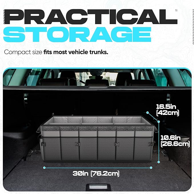 FORTEM Trunk Organizer - Foldable Car Organizer & Storage for SUVs & Trucks | Car Accessories for Men Women, Collapsible Bag, Non Slip Bottom, Straps, Soft Cover, 600D Oxford, Grey, 6 Compartments, 85L