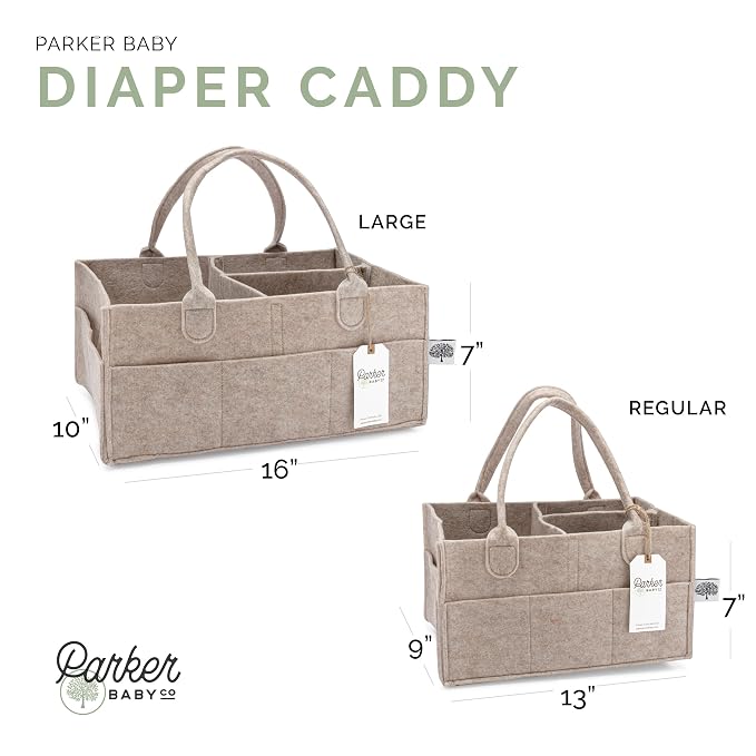 Parker Baby Co. Felt Diaper Caddy Organizer - Large, Oatmeal | Portable nursery storage bin for diapers, wipes, bottles & baby essentials in home/car. Soft felt, foldable design 16x10x7"