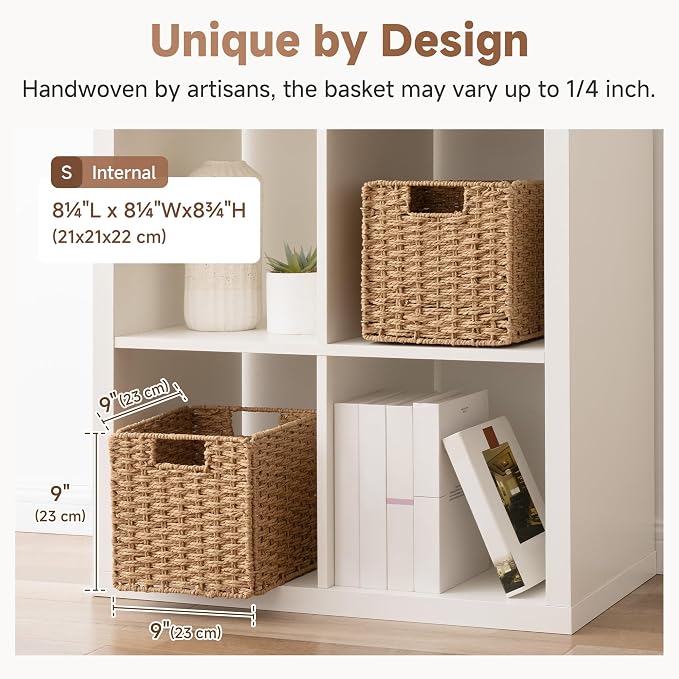 StorageWorks 9 inch Wicker Baskets for Storage, Square Baskets, Natural | 2-Pack, Paper Rope Wicker Storage Cubes,Handwoven Square Cube Organizer Bins,Foldable,Baskets for Organizing,9x9 storage cube