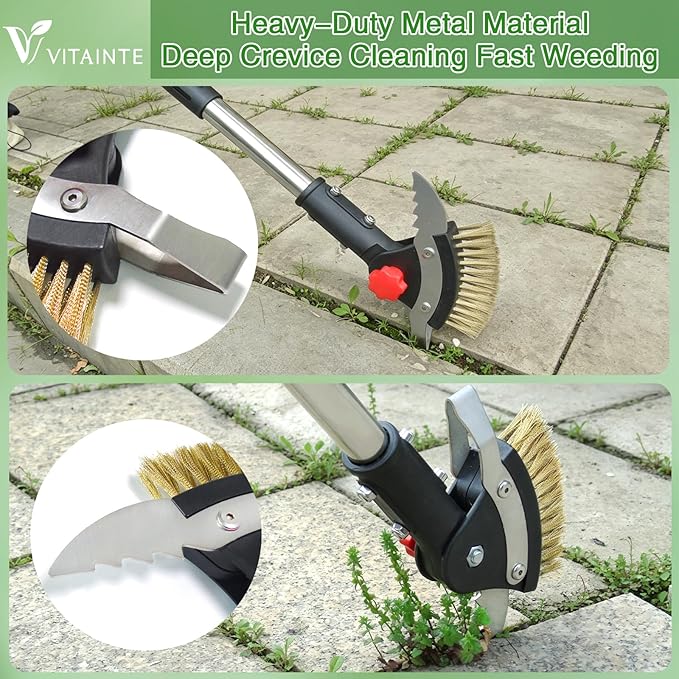 3 in 1 Crack Weeder Tool Long Handle | Heavy Duty Weed Puller, Stainless Steel Crevice Weeding Tool, Moss Scraper, For Driveway, Patio, Pavers, Sidewalk