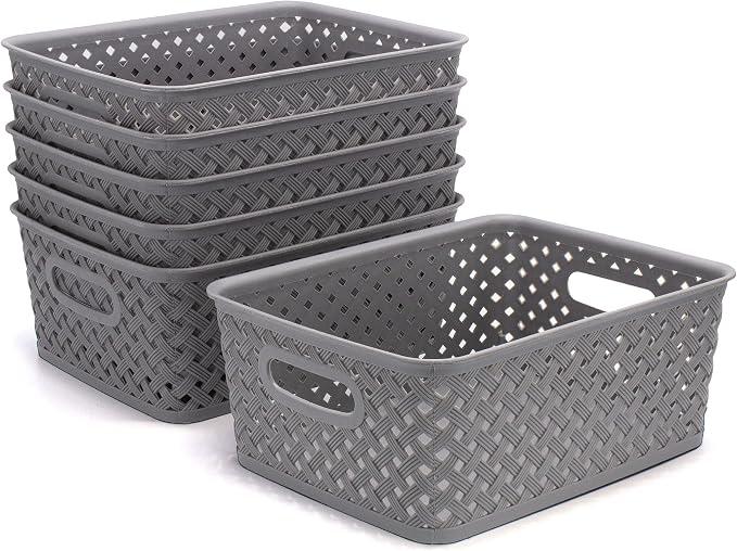 BROOKSTONE - 6 Pack Small Storage Baskets with Handles, Decorative Woven Pattern, Versatile and Stylish Organizers for Home, BPA Free Plastic Bins