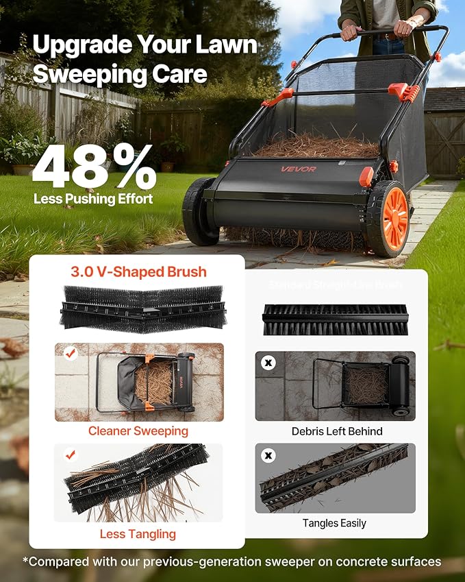 VEVOR Push Lawn Sweeper 26 in Leaf & Grass Collector 7 cu. ft. Hopper Bag | 10-Level Height Adjustable V-Shaped Brushes, Heavy Duty Yard Sweeper for Leaves, Grass Clippings & Pine Needles