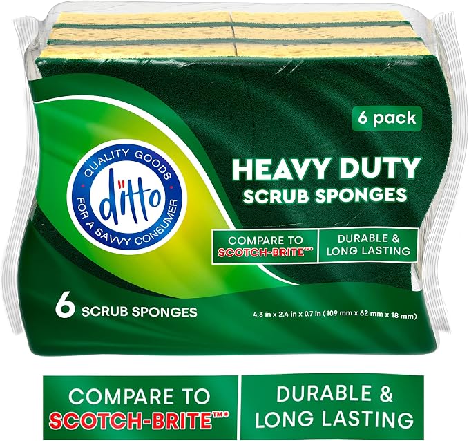 Ditto Heavy Duty Scrub Sponges (6 Pack) - Extra Durable and Long Lasting - Safe on All Surfaces… (Yellow)