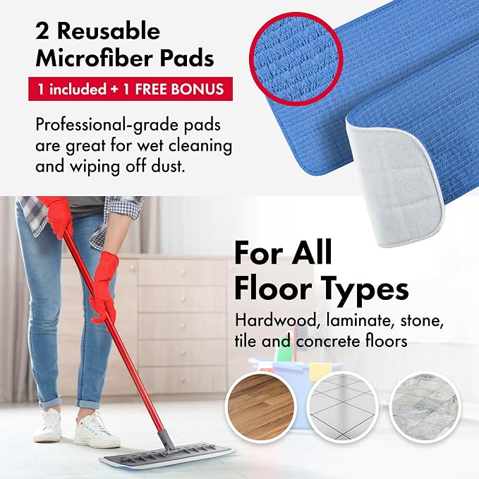 Floor mop Silicone | | Long Aluminum Anti-Rust 4-Part Handle 140 cm, Fits Hardwood, Walls, Laminate, Parquet & Tile | 2 Microfiber Pads