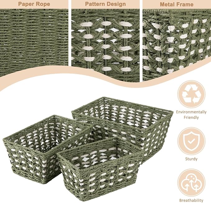 OIAHOMY Wicker Storage Baskets, Paper Rope Shelf Bins, Decortive Baskets for Organizing, Set of 3-Green & White