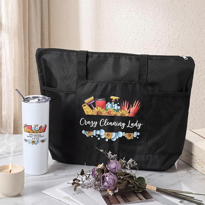Sieral Housekeeping EVS Week Appreciation Gift, Cleaning Lady, Black | Insulated Tumbler 20oz & Large Tote Bag Set for Women Custodian School Healthcare Cleaning Crew House Cleaner Maid Janitor