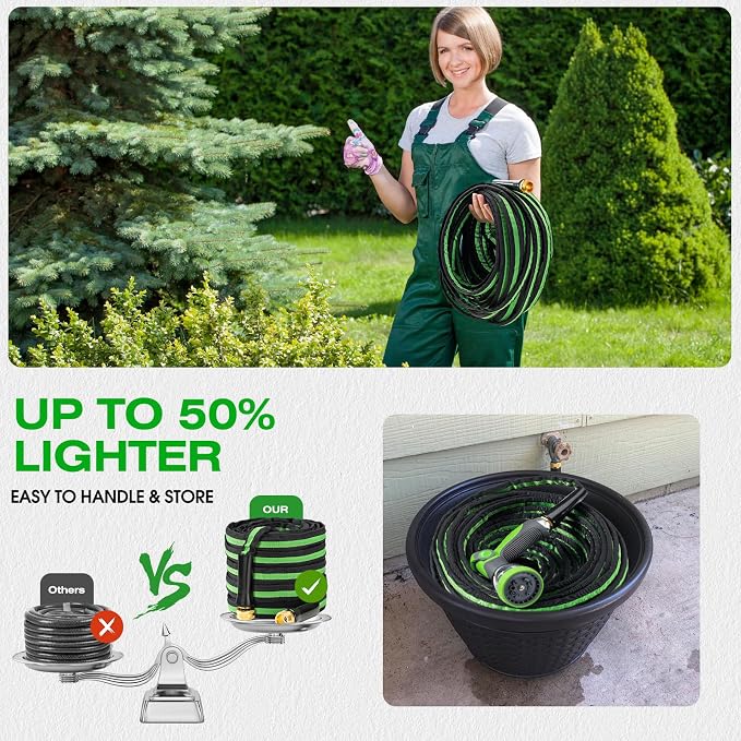 50FT Lightweight Super Flexible Garden Hose | Kink-Free, Non-Expanding, Easy Storage for Yard Lawn Outdoor Use (Black-Green)