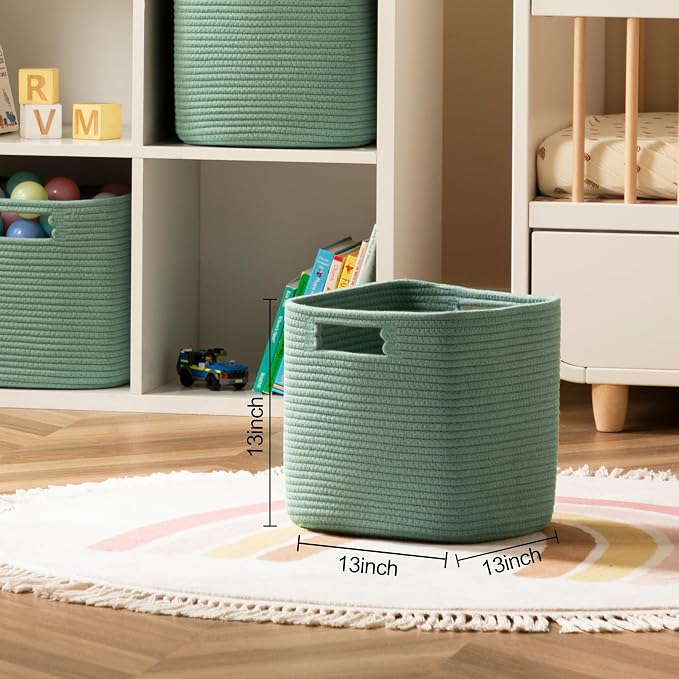 Dreamcountry 13x13 Cube Storage Bins, Storage Cubes with Handles, 4 Pack Cotton Rope Basket for Shelves, Cube Storage Organizer forToys, Book, Clothes, Home, Office, Nursery, Green