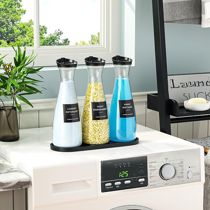 3 Pack Laundry Detergent Dispenser Container, 54OZ Laundry Soap Dispenser | with Tray, Black Laundry Room Organization for Powder, and Fabric Softener