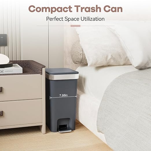 2PACK 2.6 Gal Small Bathroom Trash Can with Lid Foot Pedal,Dark Gray | Step Pedal Wastebasket Plastic Garbage Can with Pop-Up Lid for Kitchen,Bedroom,Office,Dorm,Laundry,Restroom,Rv,White