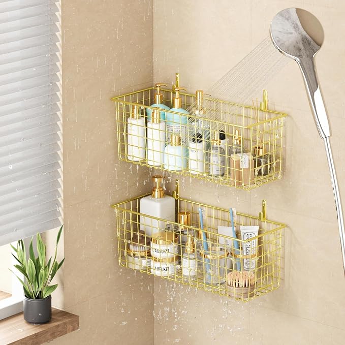 2 Sets Gold Extra Large Hanging Wall Basket with Steel Hooks | Metal Wire Baskets for Organizing, Wallmounted Fruit Vegetable Toy Snack Storage, Home Kitchen Bathroom Laundry Pantry