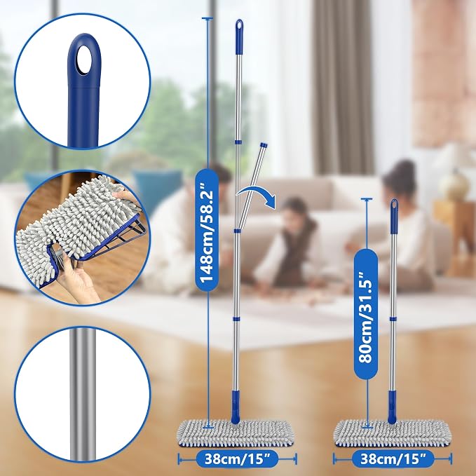 2-Sided Microfiber Dust Mop for Hardwood Floors & Walls | Flat Flip Head, Wet Dry Use, 3 Chenille & Microfiber Pads, 58" Handle, 360° Swivel, Sweep Pet Hair, Tile, Laminate, Kitchen