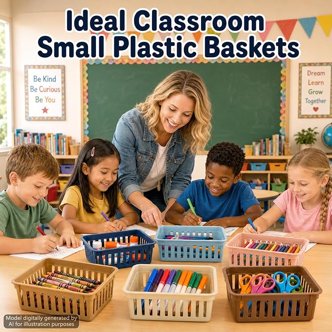 gisgfim 12 Pack Classroom Small Plastic Baskets for Organizing Mini Pencil Crayon Storage Bins Classroom Container Boxes for School Teacher Supplies Home Office Desk 6.1" L X 4.7" W X 2.4" H (Retro)