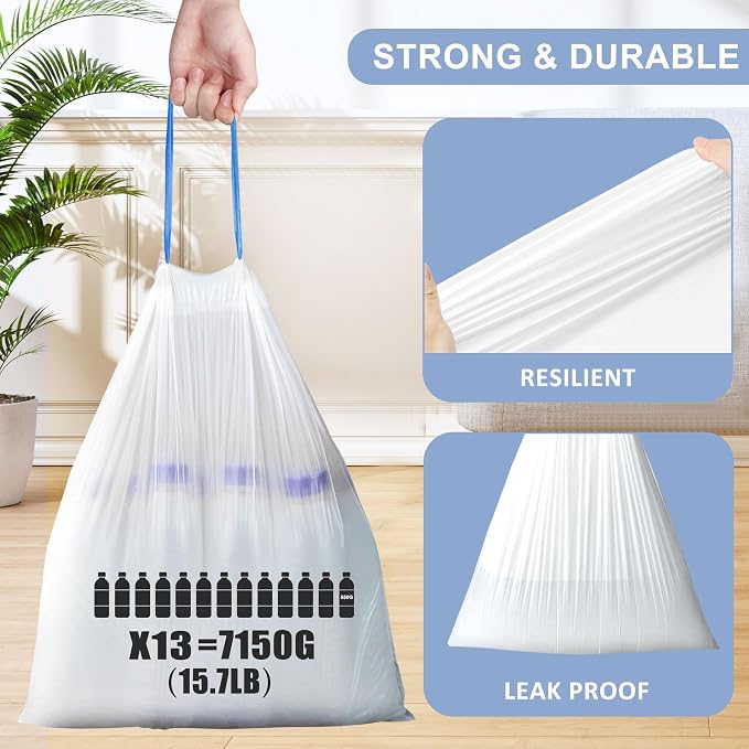 132 Count Small Trash Bags, 4 Gallon Drawstring Garbage Bags, Bathroom Wastebasket Liners, Tear-Free Plastic Bags for Toilet Home Office and Bedroom (White)