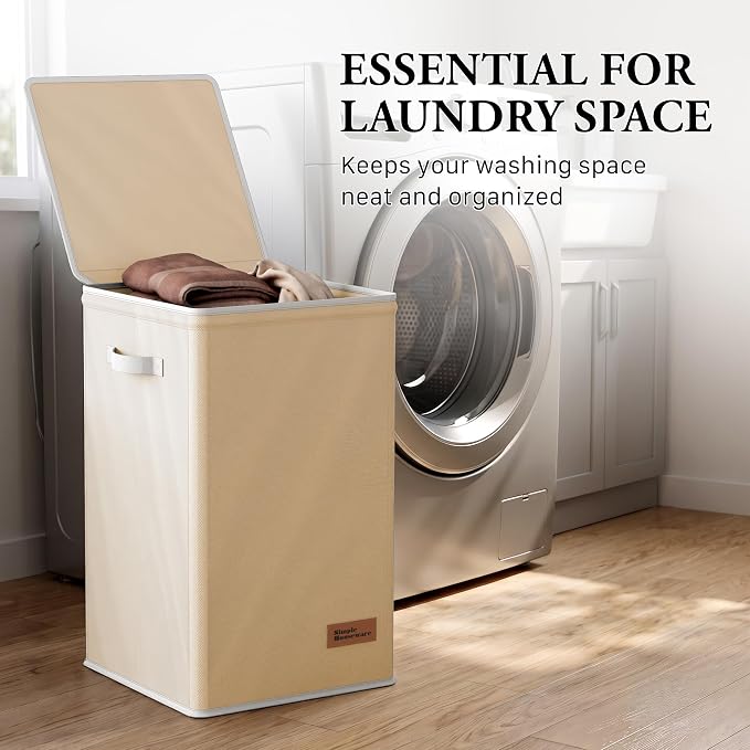 Simple Houseware Foldable Laundry Hamper Basket with Lid and Bag, Beige | Heavy Duty 600D Polyester, Water-Resistant Surface