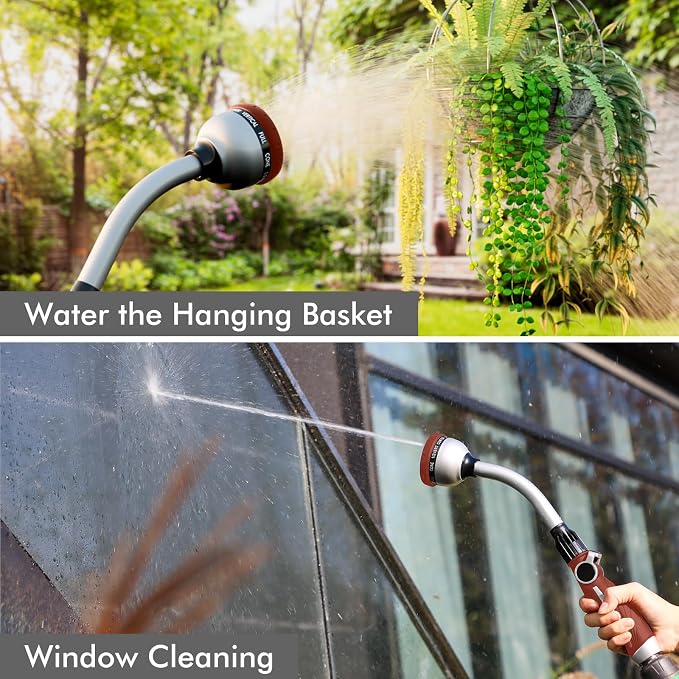 RESTMO Watering Wand Heavy Duty, 15-Inch Long Hose Nozzle Sprayer | 10 Spray Patterns & Thumb Flow Control, Metal Garden Hose Wand for Water Hanging Baskets and Shrubs, Red