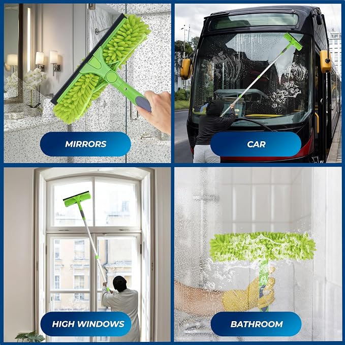 Professional Window Squeegee for Window Cleaning, 2 in 1 Rotatable Window Cleaning Squeegee Kit with Extension Pole, 62” Window Cleaning Tool for Indoor/Outdoor High Windows, Home, Car