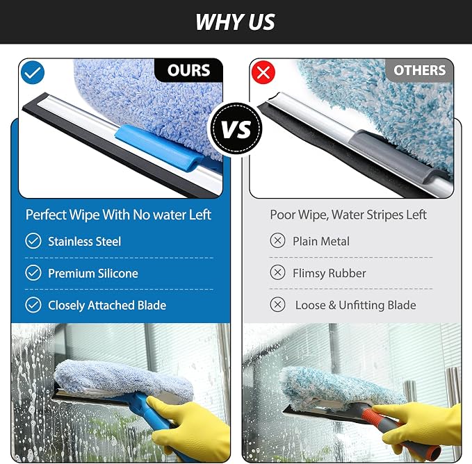 VITEVER Professional 69'' Window Squeegee Cleaner Tool with Extension Pole, 2-in-1 Squeegee for Window Cleaning Kit with Scrubber and Rotating Head, 1 Blade 2 Scrubber (Pack of 2)