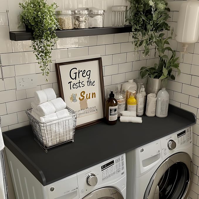 Washer Dryer Countertop 58" x 28" Extra Large Version, Melamine Countertop with 3.5" Edge Rails, Laundry Room Organization, Black