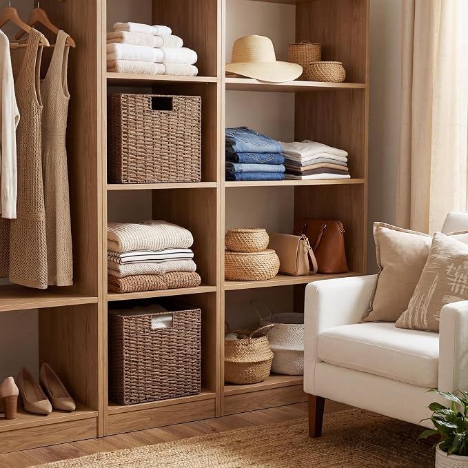 StorageWorks 13 inch Cube Storage Bins, Wicker Baskets for Storage, Brown | 2-Pack, Foldable Square Baskets, Wicker Storage Baskets for Organizing, Paper Rope Square Storage Cubes, Cube Storage Bins