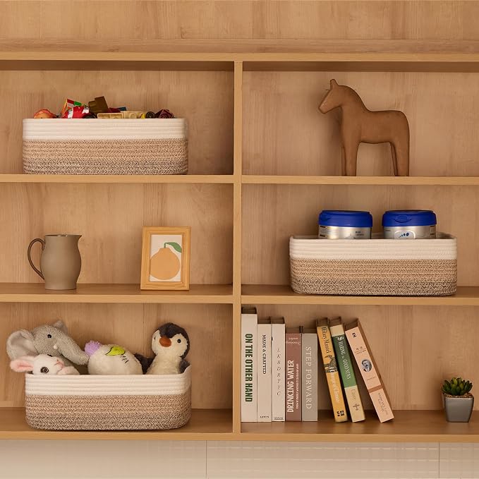 MiniArk Large Shallow Organizing Baskets 15x11x5.1 Inches - Rope Woven Storage Bins for Bathroom, Shelves, Cube Closet, Gradient Brown 3 Packs